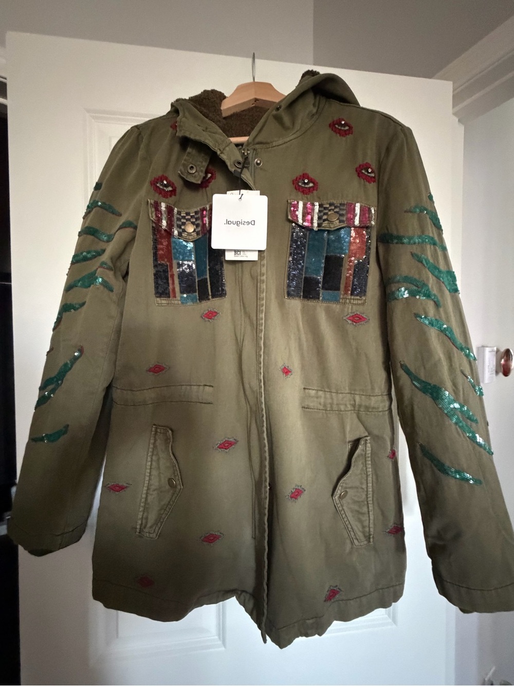 Desigual Olive Utility Jacket with Multicolor Sequin Panels